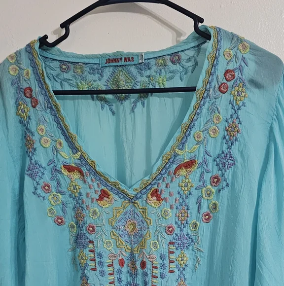 Johnny Was Vicenza Tunic Women's L Bright Turquoise Embroidered Boho Hippie Chic - Picture 3 of 10